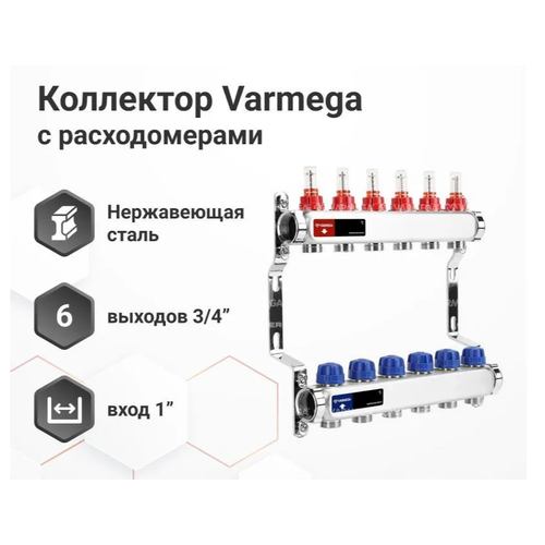 купить за 10090 руб, фото VARMEGA Коллектор из нержавеющей стали с расходомерами 6 выходов / контуров / отводов VM15106